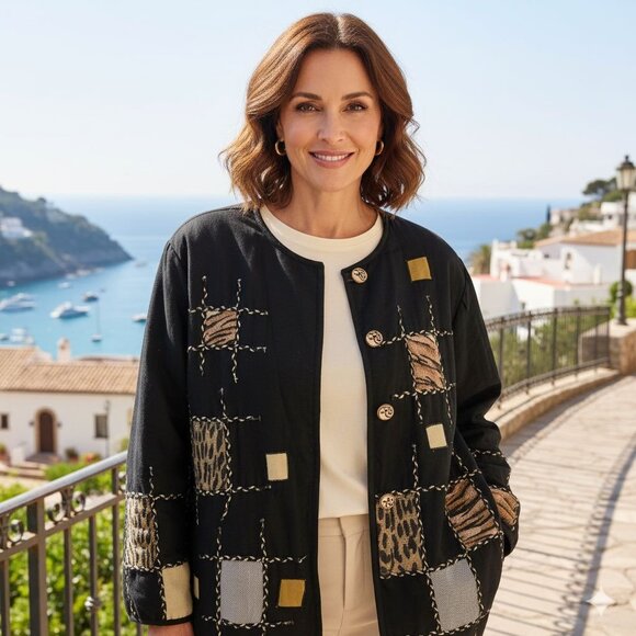 Earth Sea & Sky Vintage Linen Blend Mixed Media Black Animal Print Jacket Size1X - Picture 4 of 8